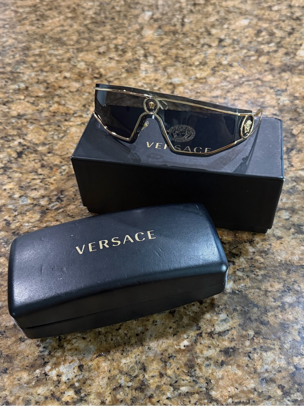 Versace Black Shield Sunglasses with Gold Accents